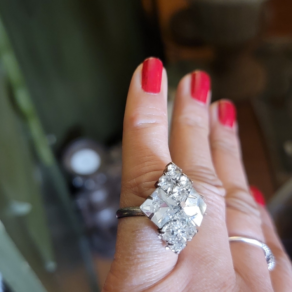 Crystal Statement Ring, Silvertone, Adjustable - image 3